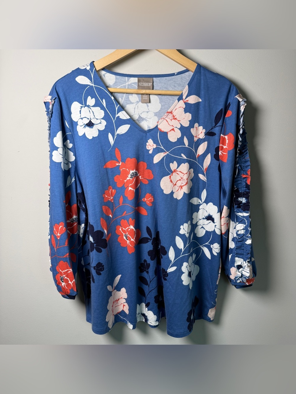 Chico’s Blue Floral Ruched-Sleeve Top | Size 3 (US XL/16) | Cotton Modal Blend